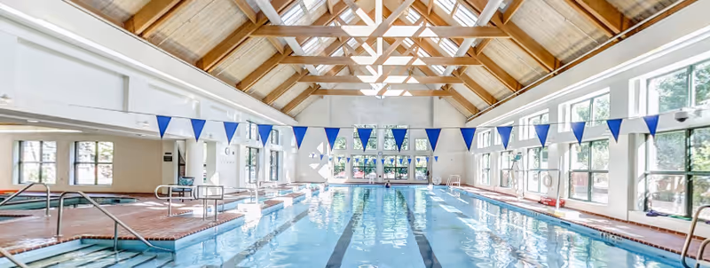 Sunlit indoor lap pool with lane markers, blue triangular pennant flags, a wooden-beamed ceiling, and large windows.