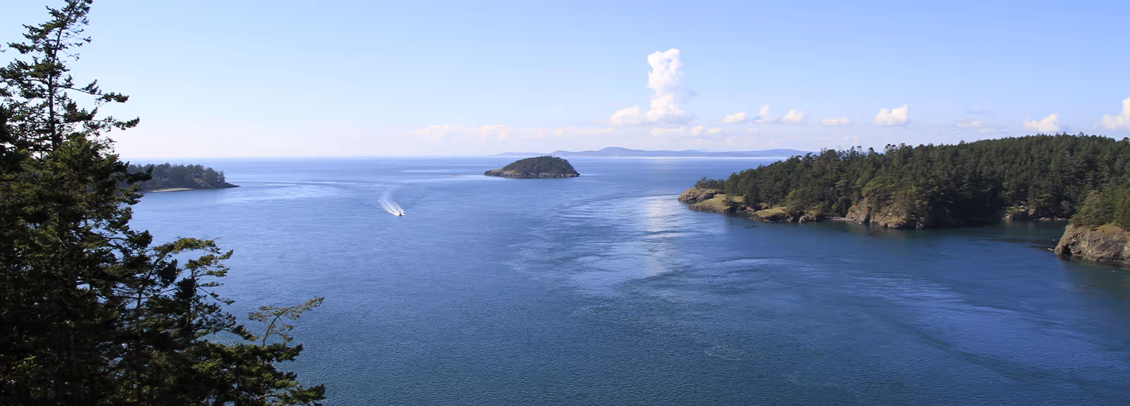 A scenic view of a large body of water with small forested islands and a boat leaving a wake in the distance, surrounded by trees and clear blue sky with some clouds.