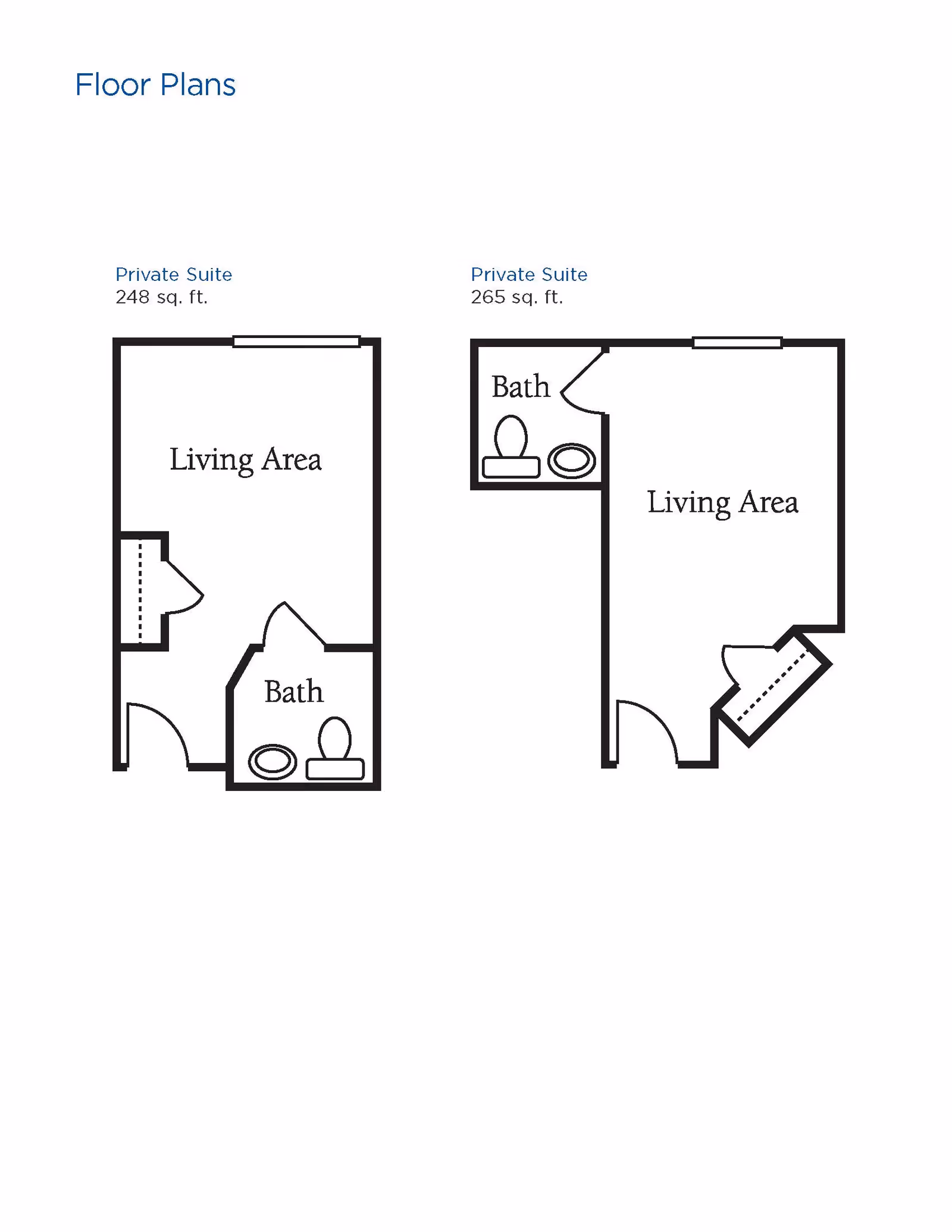Floor plans for two private suites at Brookdale Williamsville. The first suite is 248 sq. ft. and includes a living area and a bath. The second suite is 265 sq. ft. and includes a living area and a bath.
