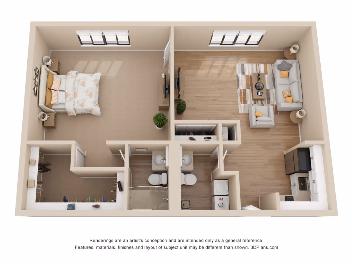 3D floor plan of a one-bedroom apartment featuring a bedroom with a bed and nightstands, a living room with a sofa, armchair, coffee table, and TV, a kitchen with appliances, a bathroom with a shower and toilet, and a walk-in closet.