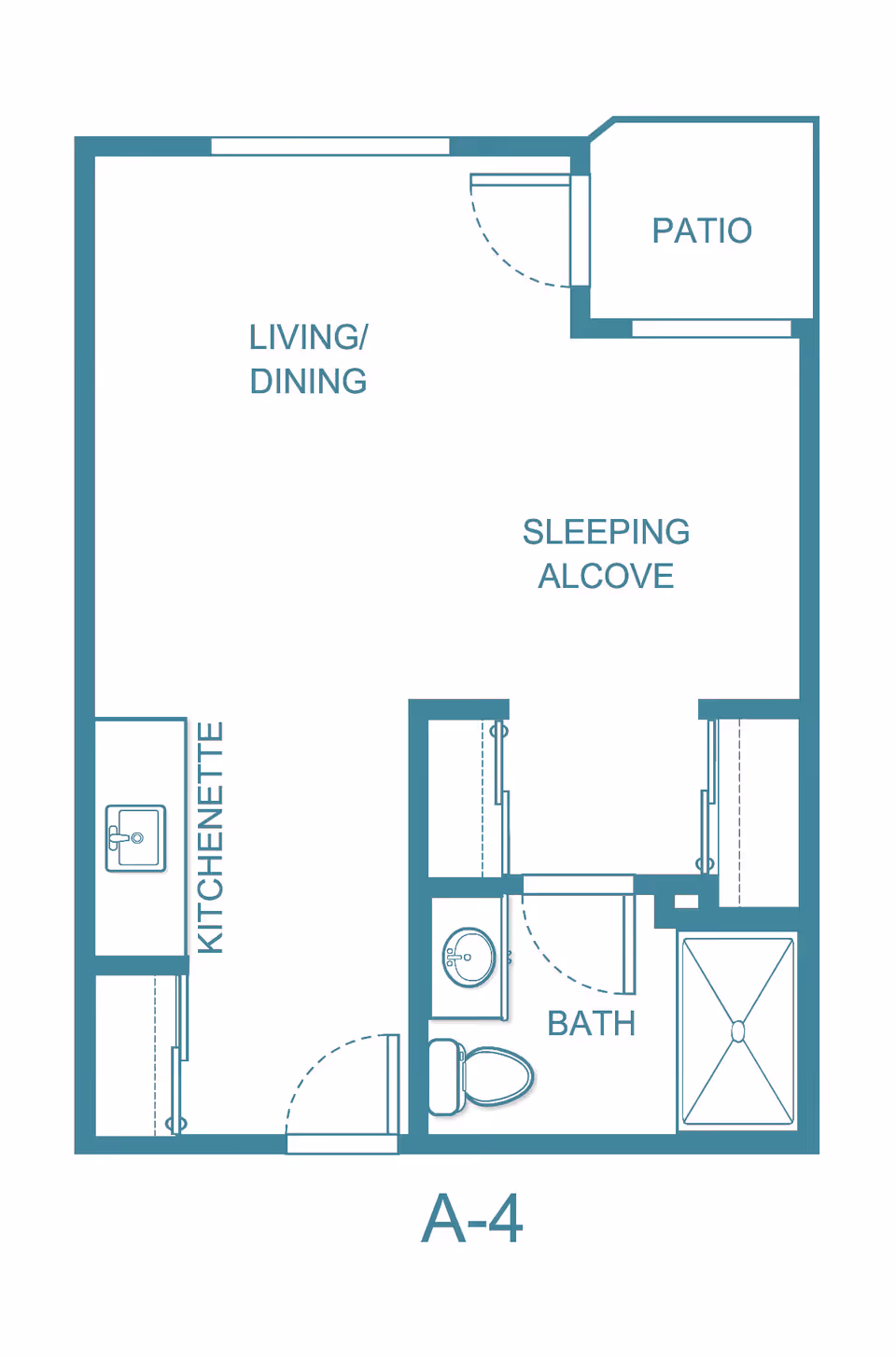 Floor plan labeled A-4 showing a studio layout with a kitchenette, living/dining area, sleeping alcove, bathroom, and a patio.