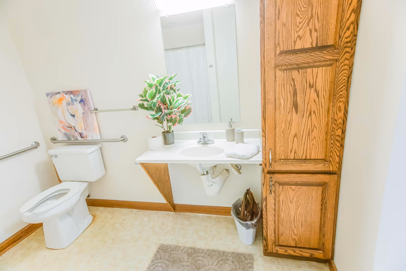 A clean bathroom with a white toilet, a white sink with a mirror above it, a wooden cabinet, a small potted plant on the sink counter, a towel, two cups, a trash bin, and a painting of a horse on the wall. The bathroom has light-colored walls and flooring, with metal grab bars near the toilet.