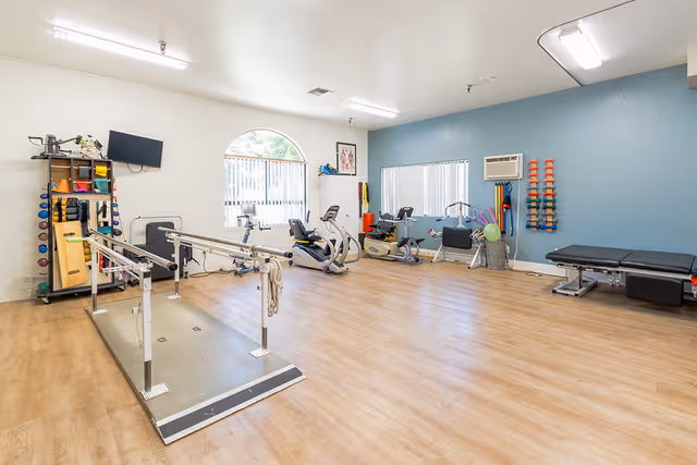 A spacious physical therapy or rehabilitation room with wooden flooring, parallel bars for walking exercises, exercise bikes, a treatment table, various exercise equipment including weights and resistance bands, and large windows letting in natural light.