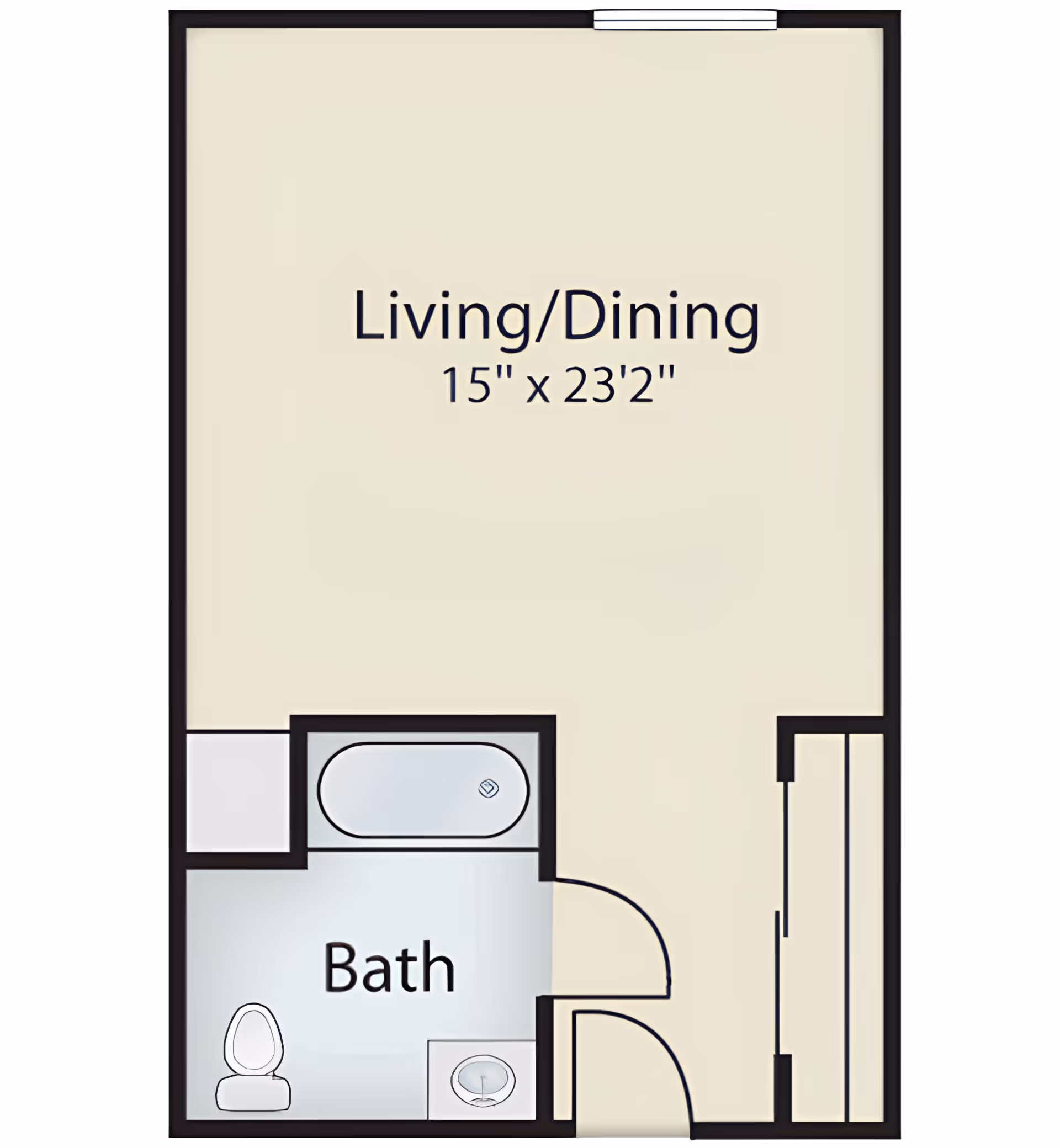Floor plan of a studio apartment with a combined living and dining area measuring 15 feet by 23 feet 2 inches, and a separate bathroom containing a bathtub, toilet, and sink.