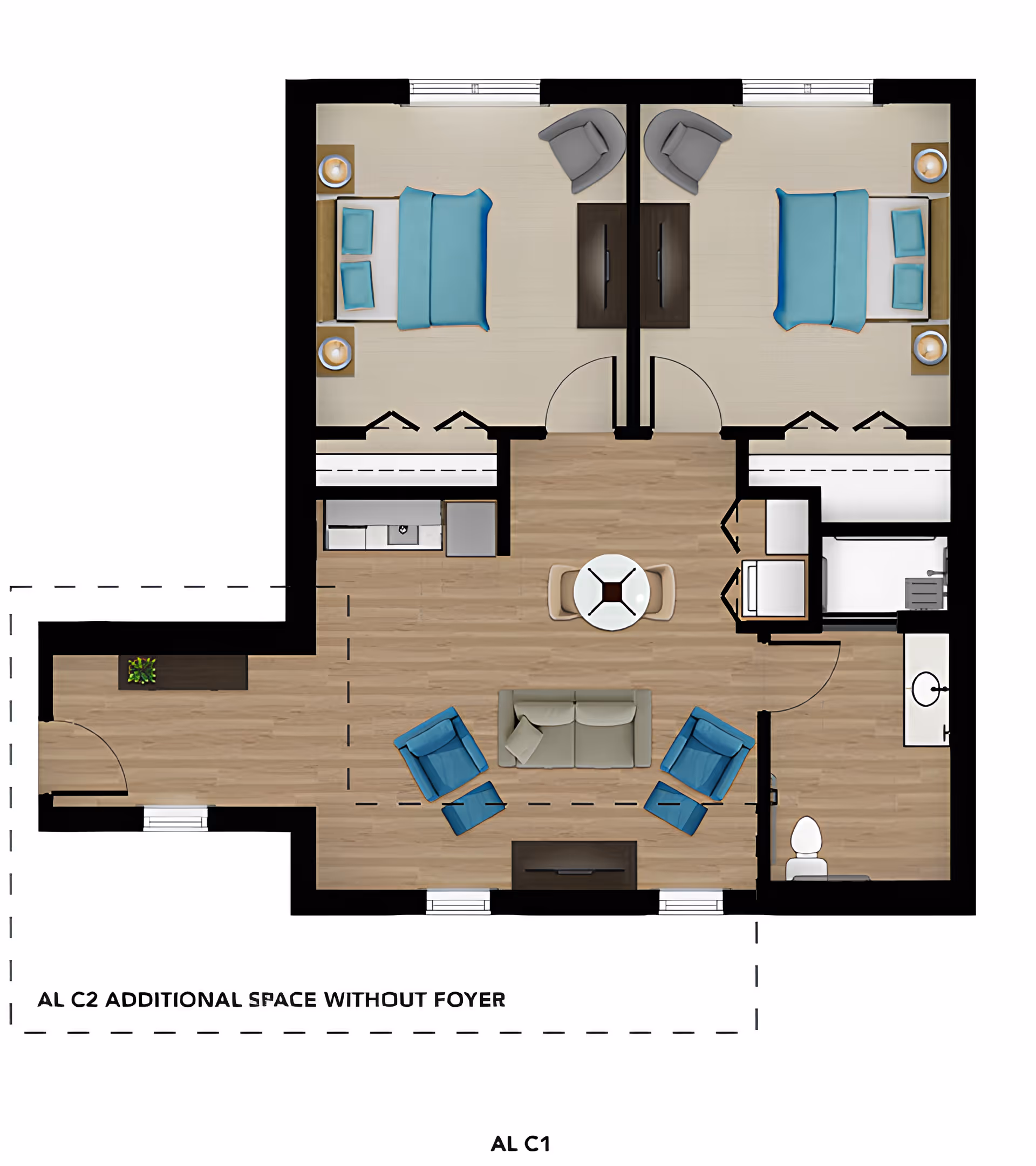Floor plan of a living space featuring two bedrooms each with a bed, nightstands, and chairs. The central area includes a living room with a sofa, two armchairs, a coffee table, and a dining table with chairs. There is a kitchen area with a sink and refrigerator, a bathroom with a toilet and sink, and a laundry area with a washer and dryer. The entrance is on the left side with an optional additional space without foyer.
