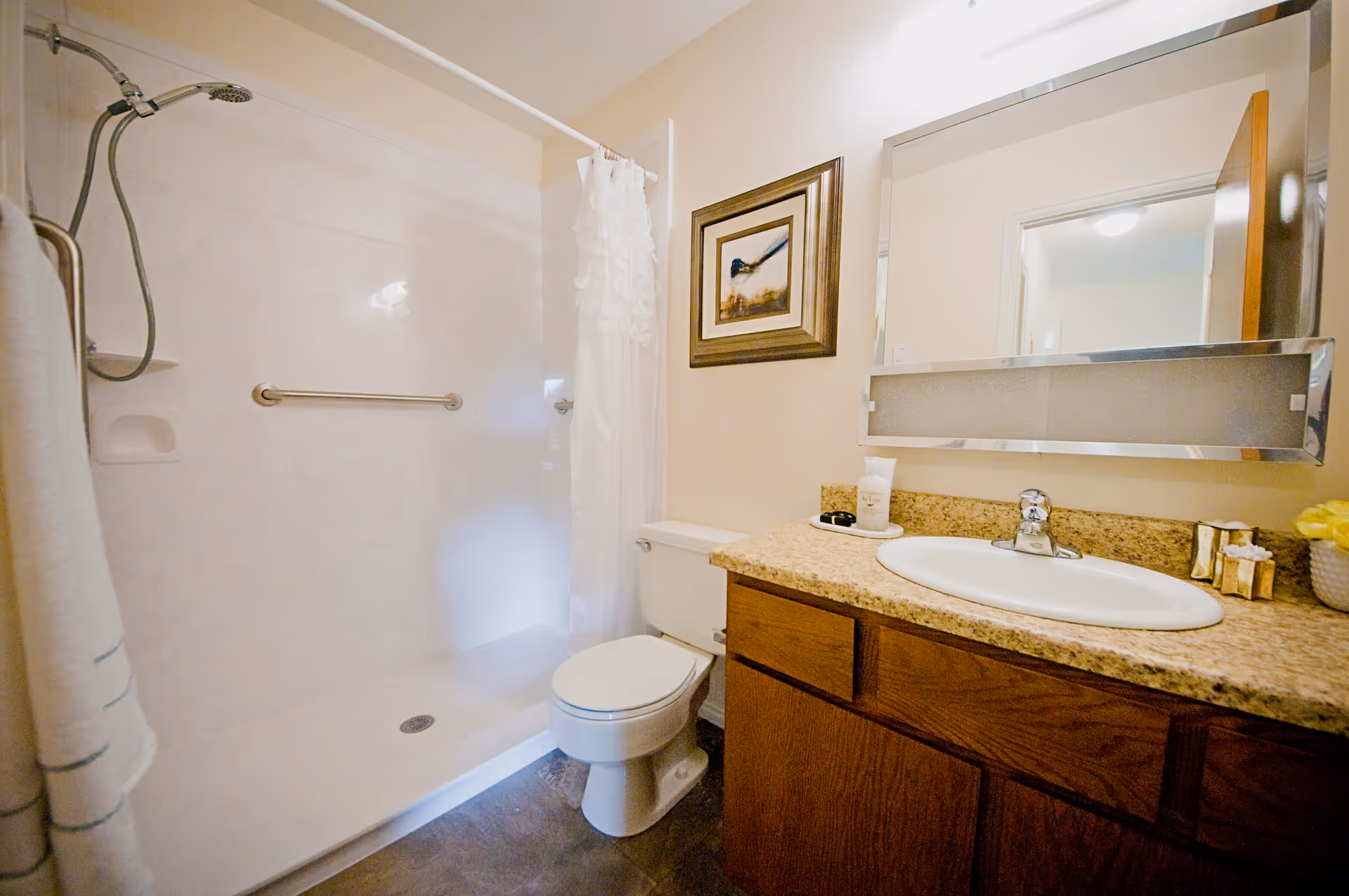 A clean bathroom featuring a walk-in shower with a handheld showerhead and grab bar, a white toilet, and a wooden vanity with a granite countertop and an oval sink. Above the sink is a large mirror with a frosted glass panel, and a framed picture hangs on the wall next to the toilet. A white shower curtain is partially visible.