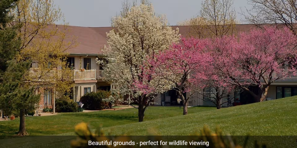 Outdoor view of Aldersgate Village Life Plan Community showing a grassy area with blooming trees in white and pink, and a two-story building with balconies in the background.