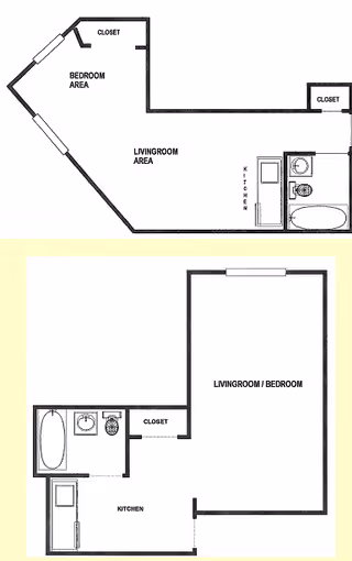 Two black and white architectural floor plans for residential units at Brandon Wood Retirement Center. The top plan shows a layout with a bedroom area, living room area, kitchen, bathroom, and closets. The bottom plan shows a combined living room/bedroom, kitchen, bathroom, and closet. Both plans include fixtures such as sinks, toilets, and bathtubs.