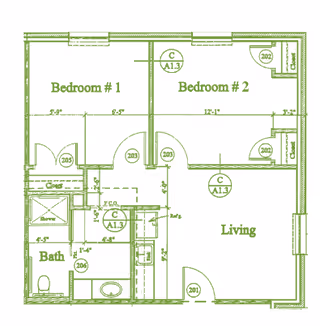 Architectural floor plan of a living space showing two bedrooms, a living room, and a bathroom with dimensions and door placements.
