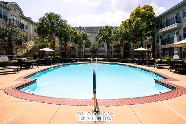 Outdoor courtyard swimming pool surrounded by lounge chairs, palm trees, and a three-story senior living building.