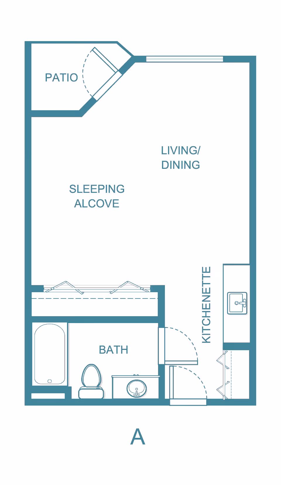 Floor plan of a senior living studio apartment with labeled areas including a patio, living/dining area, sleeping alcove, kitchenette, and bathroom with bathtub, toilet, and sink.