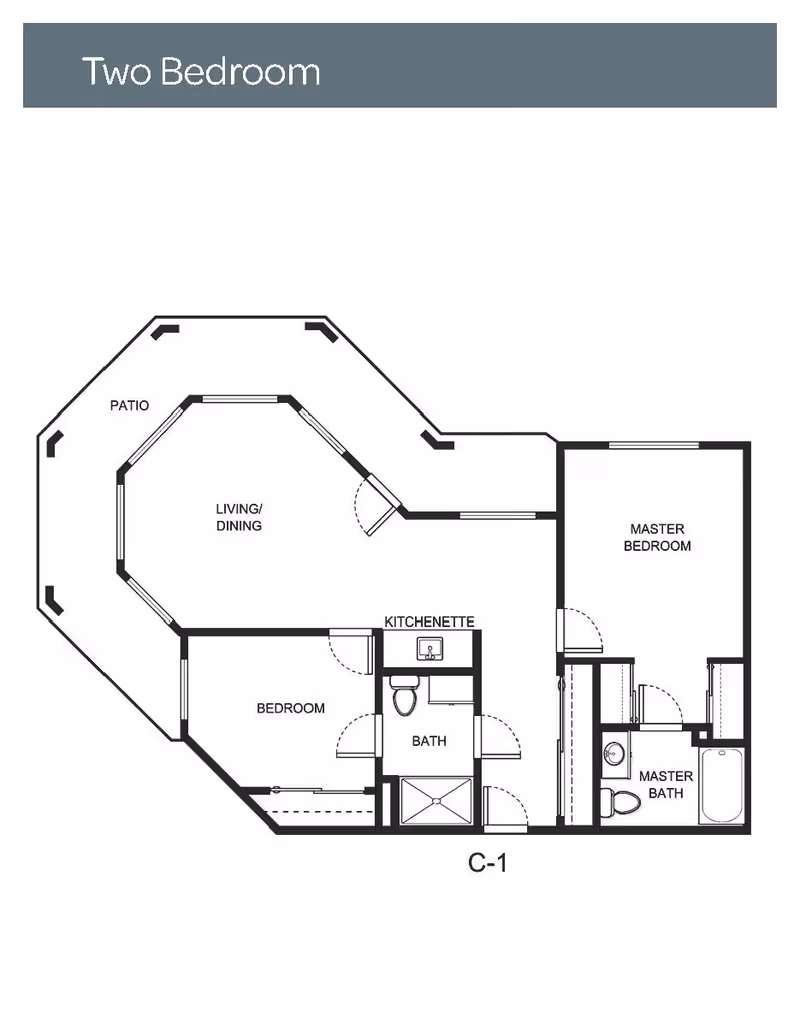 Floor plan layout of a two-bedroom apartment featuring a master bedroom with an attached master bath, a second bedroom, a bathroom, a kitchenette, a combined living and dining area, and a patio.