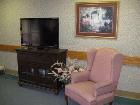 Television on a dark wooden cabinet beside a pink upholstered armchair in a cozy living room.