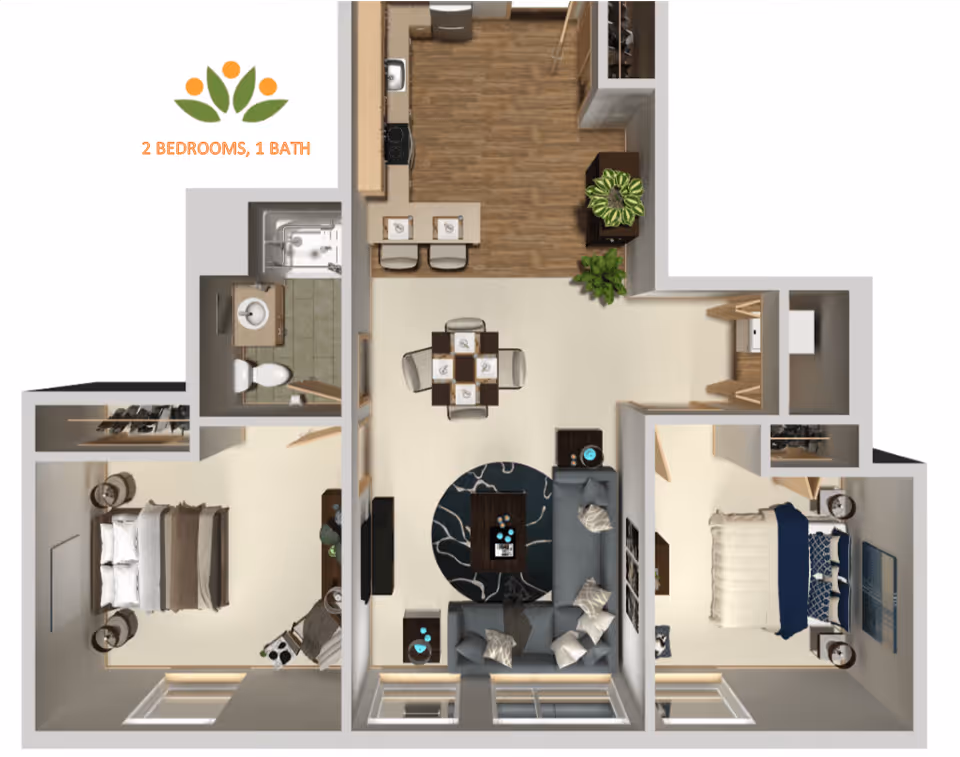 Top-down floor plan of a two-bedroom, one-bath apartment featuring a living room with sectional sofa and coffee table, a dining area with a square table and four chairs, a kitchen with appliances and counter seating, two bedrooms each with a bed and nightstands, and a bathroom with a shower, toilet, and sink.