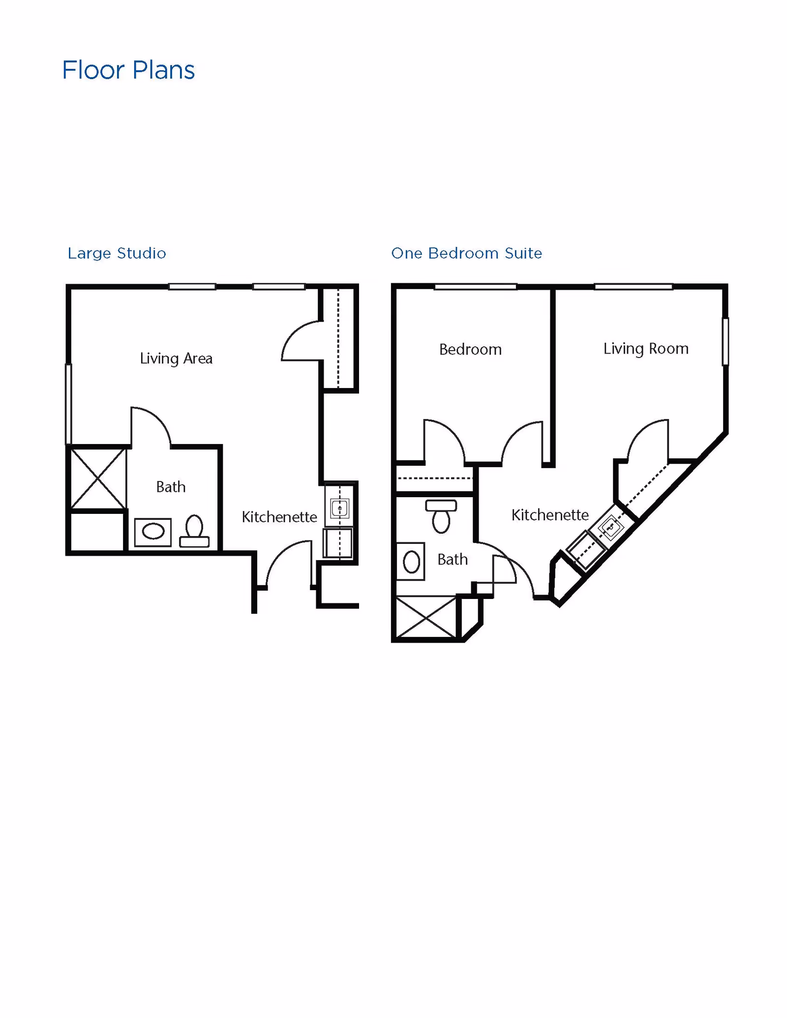 Floor plans for two types of living spaces at Brookdale Oakwood: a Large Studio with a living area, bath, and kitchenette; and a One Bedroom Suite with a bedroom, living room, bath, and kitchenette.