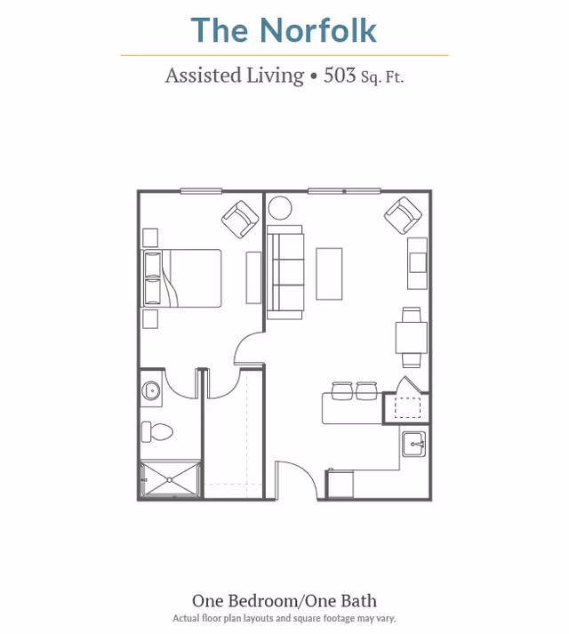Floor plan layout of The Norfolk assisted living unit at Carriage Inn Huntsville, showing a one bedroom and one bathroom apartment with a living room, kitchen, and dining area, totaling 503 square feet.