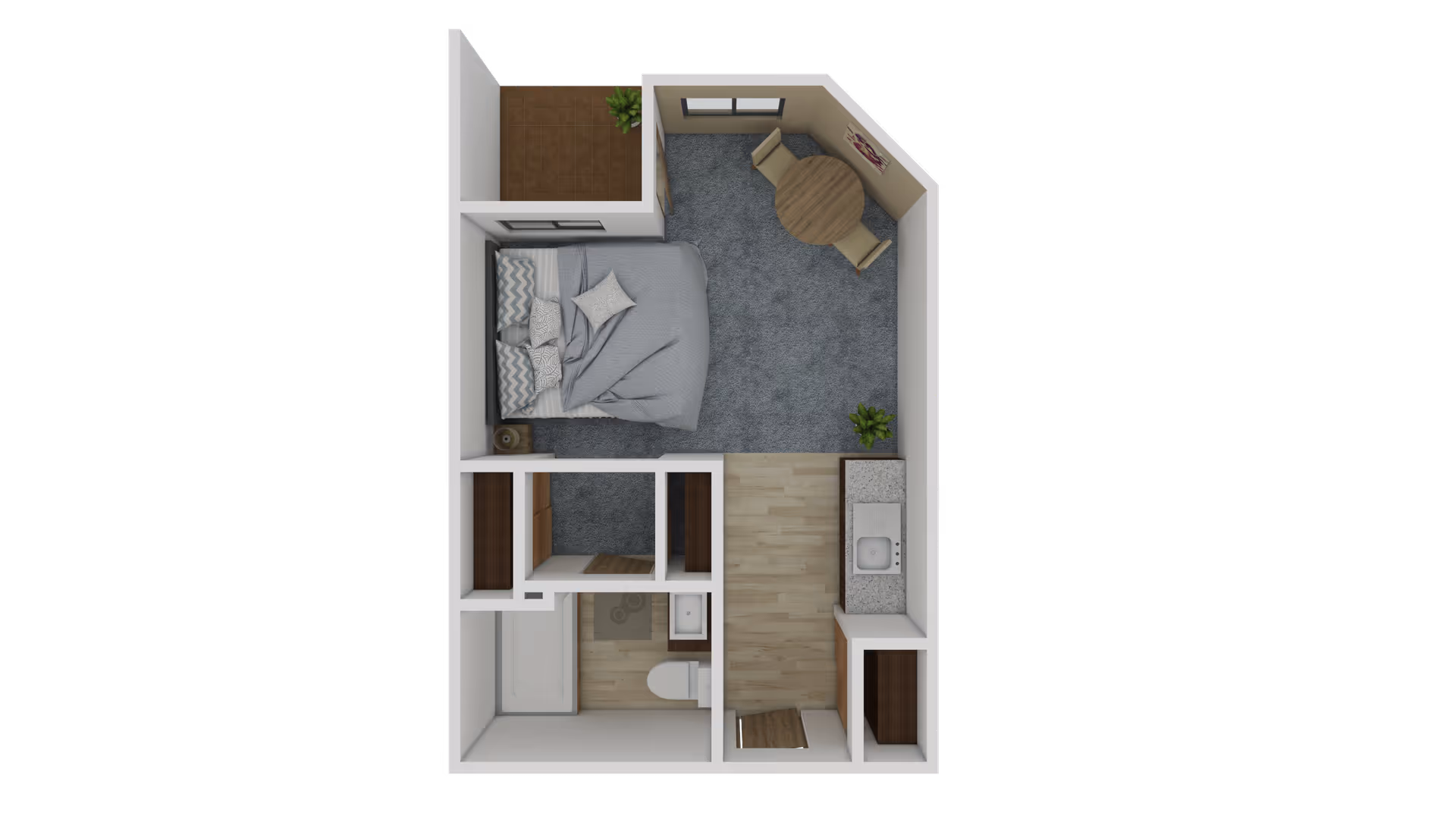 3D floor plan of a senior living apartment featuring a bedroom with a bed and two pillows, a small dining area with a round table and two chairs, a kitchenette with a sink and countertop, a bathroom with a bathtub and toilet, and a small closet space. There is also a small outdoor balcony area.