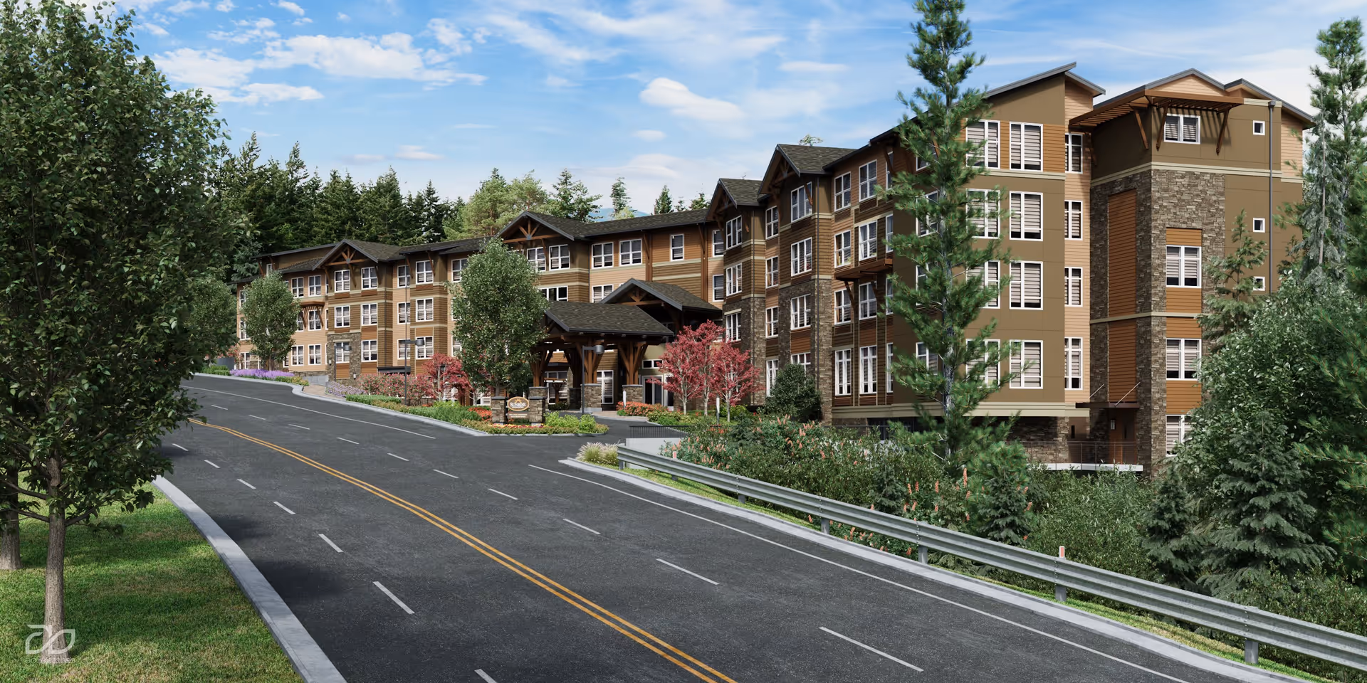 Exterior view of a multi-story senior living facility named Sunrise of Issaquah, surrounded by trees and greenery, with a clear blue sky above and a road leading up to the entrance.
