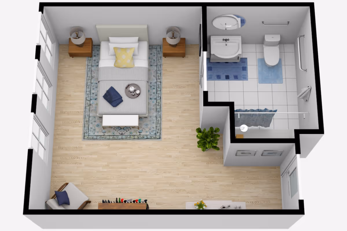 Top-down view of a senior living facility room layout featuring a bedroom with a bed, two nightstands with lamps, a chair, a shoe rack, and a small plant. Adjacent to the bedroom is a bathroom with a sink, toilet, grab bars, and a shower with a curtain.