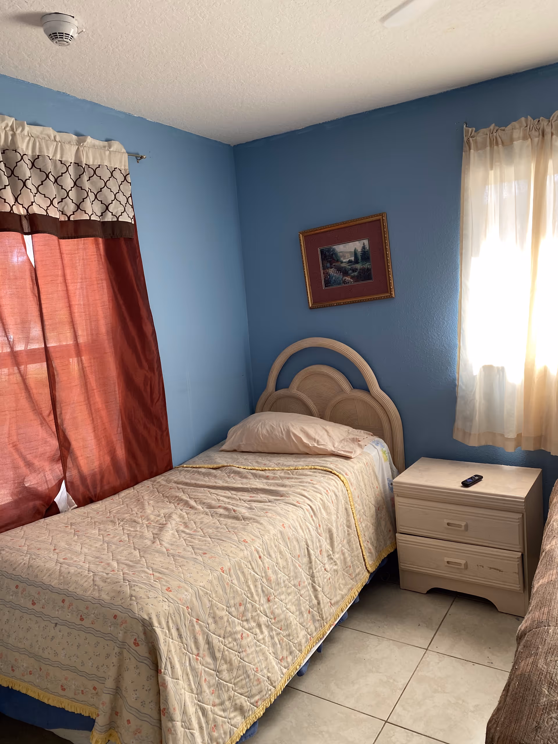 A small bedroom with light blue walls, a single bed with a beige quilted bedspread and pillow, a wooden nightstand with two drawers and a remote control on top, two windows with curtains, and a framed landscape painting hanging on the wall above the bed.