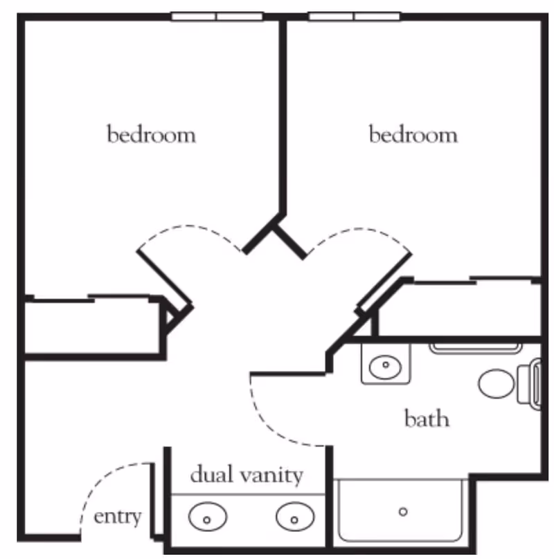 Floor plan showing two bedrooms, a bathroom with a bathtub, toilet, and sink, a dual vanity area, and an entryway.
