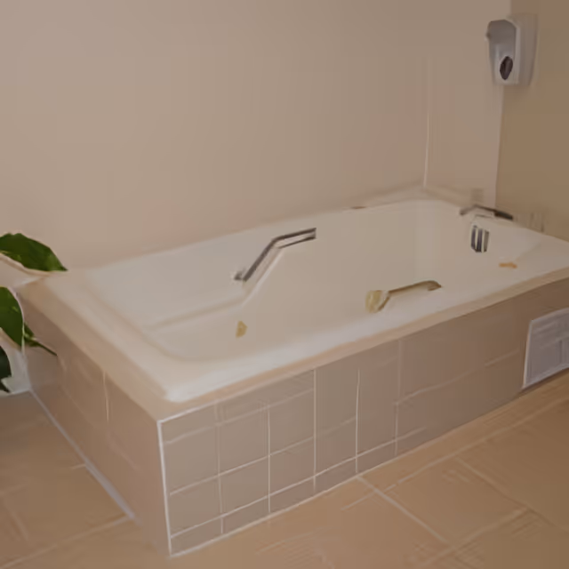 A white bathtub with built-in handrails on both sides, surrounded by beige tiles. There is a soap dispenser mounted on the wall above the tub and a green plant partially visible on the left side.