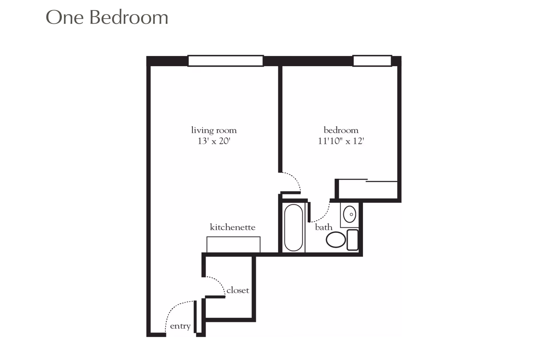 Floor plan of a one-bedroom apartment showing a living room measuring 13 by 20 feet, a bedroom measuring 11 feet 10 inches by 12 feet, a kitchenette, a bathroom with a bathtub, toilet, and sink, a closet, and an entry area.