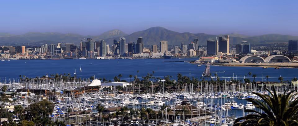Panoramic view of a large marina filled with numerous boats and yachts, with a city skyline and mountains in the background under a clear blue sky.