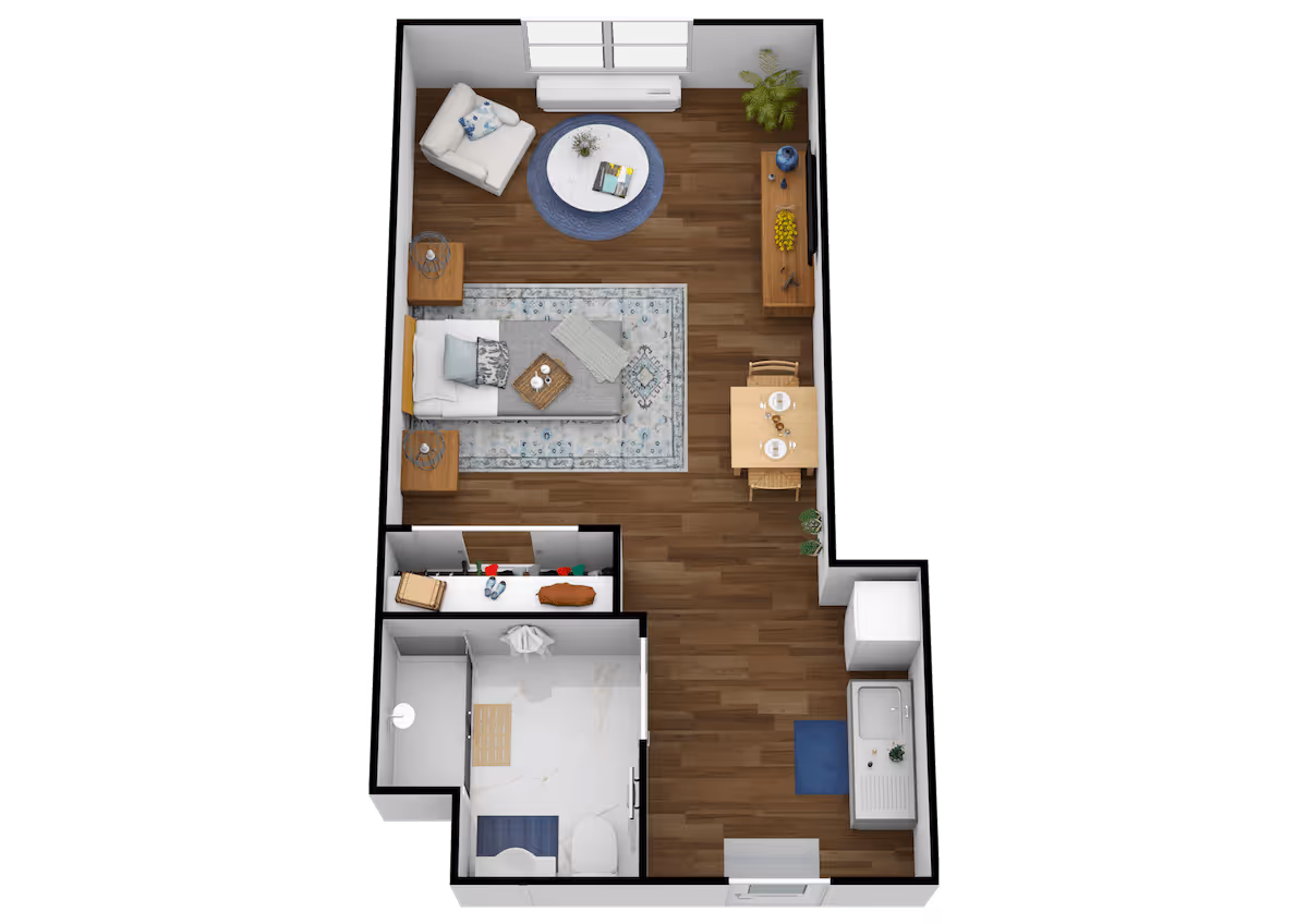 Top-down view of a studio apartment floor plan featuring a living area with a sofa, armchair, coffee table, and TV stand. Adjacent to the living area is a small dining table with two chairs. The kitchen area includes a sink and refrigerator. There is a separate bathroom with a shower, toilet, and sink, and a closet space with shelves and hanging clothes.