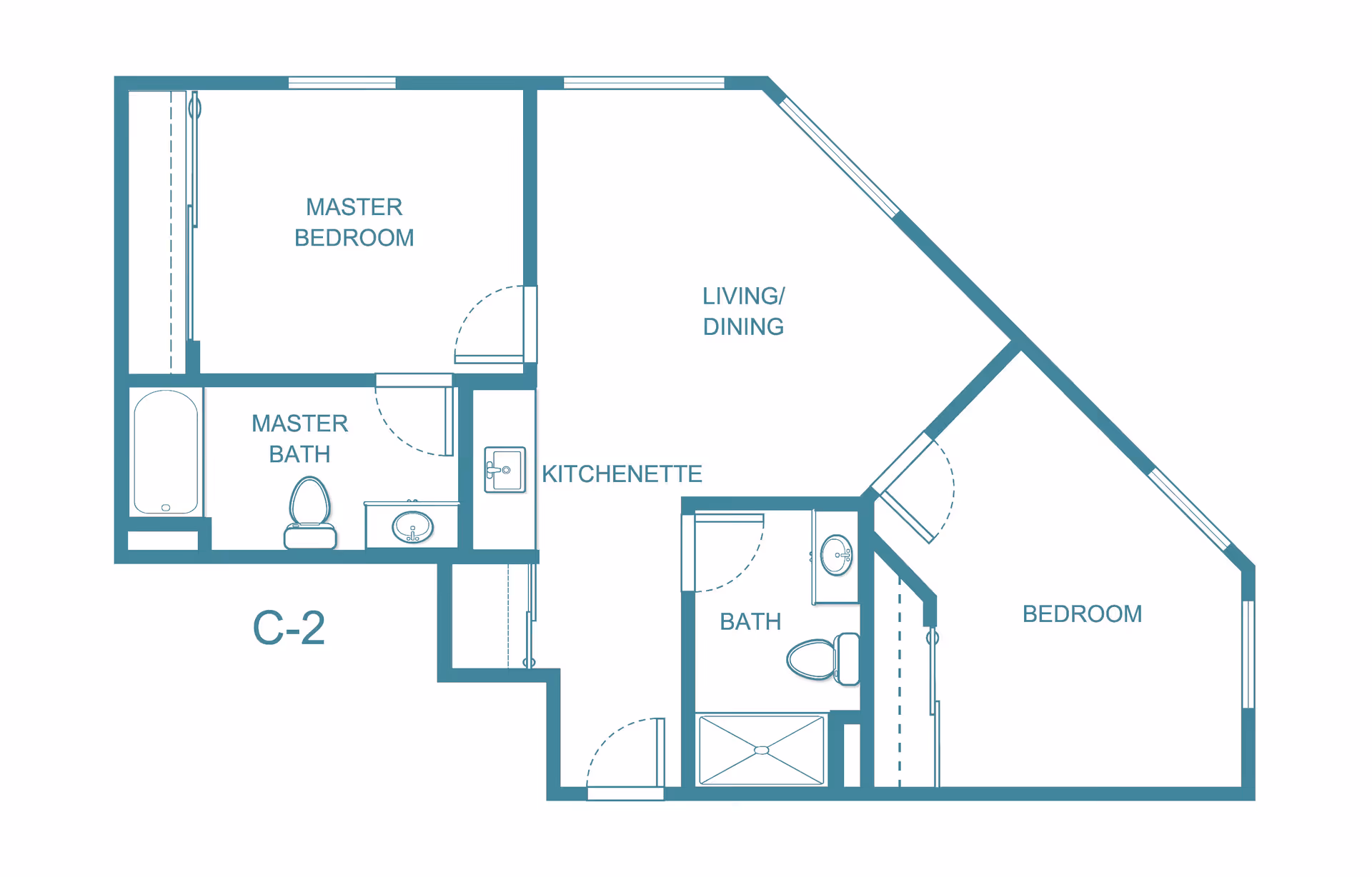 Architectural floor plan of a living space at Truewood by Merrill, Modesto, showing a master bedroom with attached master bath, a second bedroom, a bath, a kitchenette, and a combined living and dining area.