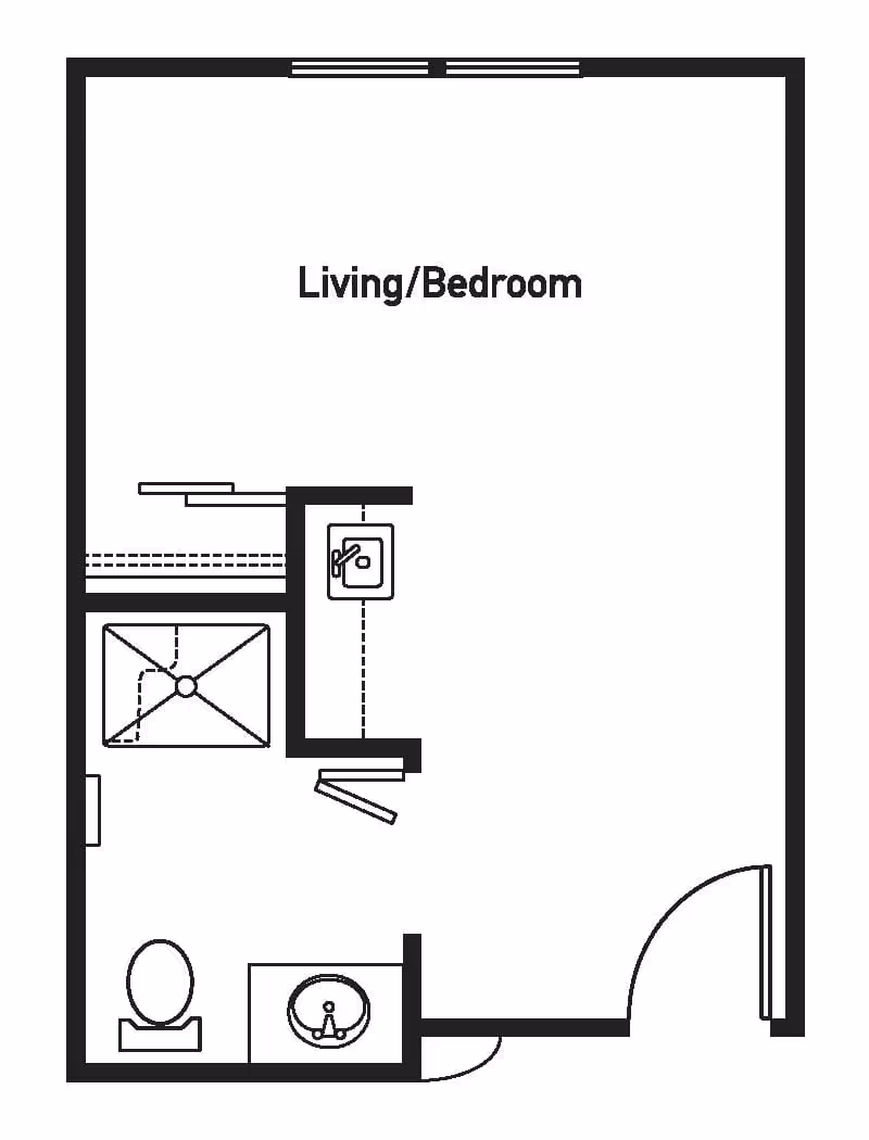 Architectural floor plan showing a combined living and bedroom area with an attached bathroom that includes a toilet, sink, and shower. There is also a small sink area outside the bathroom.