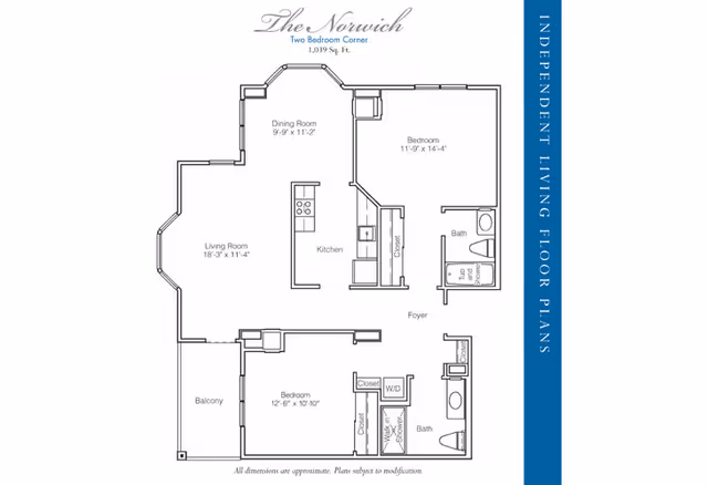 Floor plan of The Norwich, a two-bedroom corner independent living apartment with a total area of 1,039 square feet. The layout includes a living room, dining room, kitchen, two bedrooms, two bathrooms, closets, a foyer, a balcony, and a washer/dryer area.