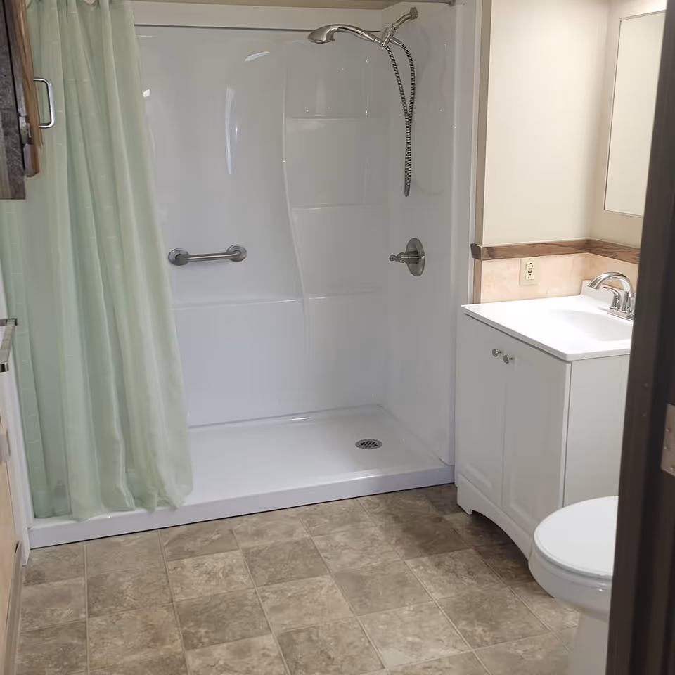 Bathroom with a walk-in shower with a handheld showerhead and grab bar, a green shower curtain, a white vanity with sink, and a toilet.