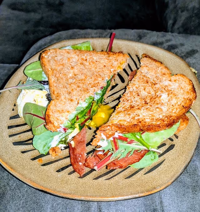 Two halves of a toasted sandwich with leafy greens and bacon on a ceramic plate.