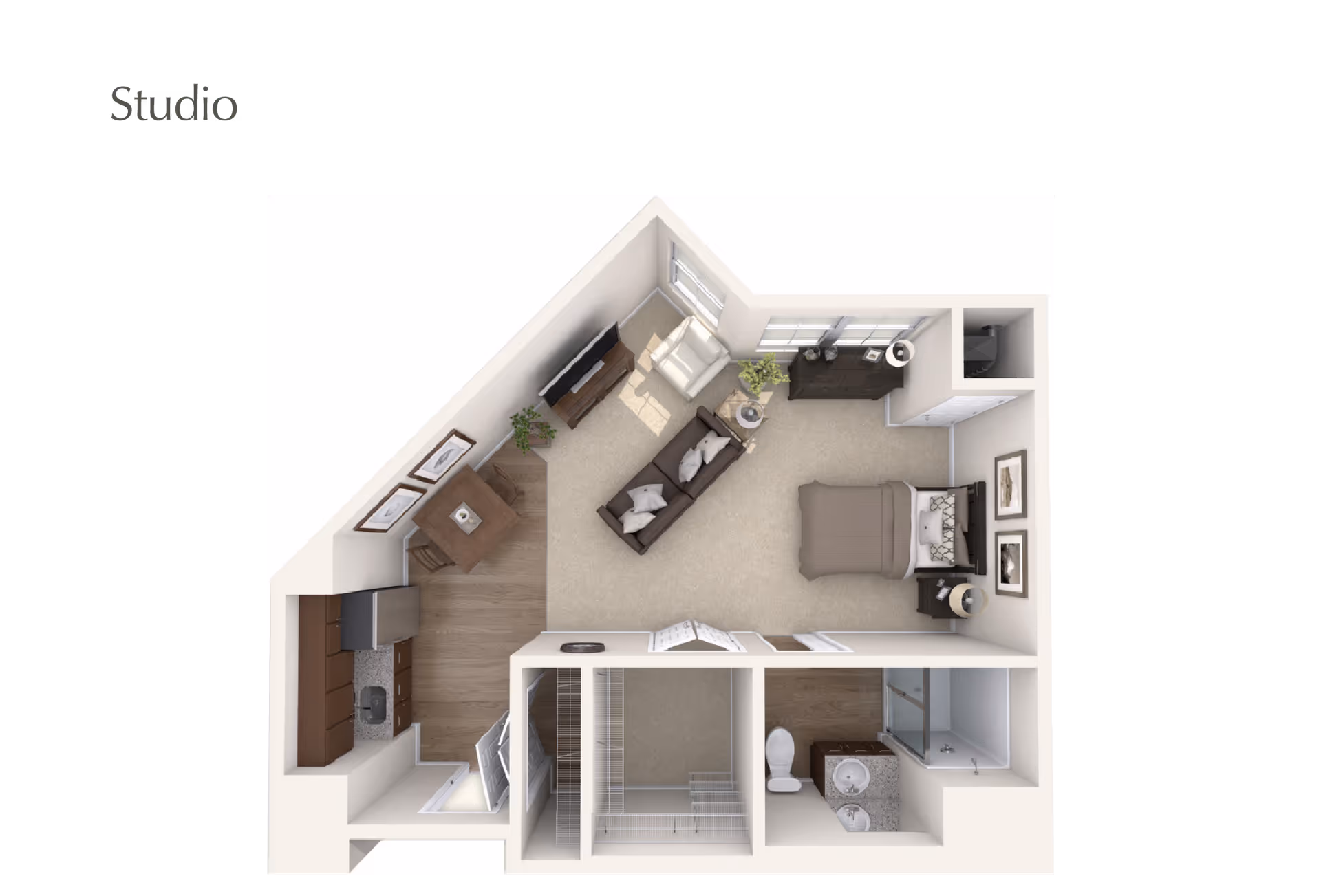 3D floor plan of a studio apartment featuring a combined living and sleeping area with a bed, sofa, armchair, TV, and dresser. The kitchen area includes cabinets, a refrigerator, a sink, and a small dining table with two chairs. There is a bathroom with a toilet, sink, and shower, and a closet space near the entrance.