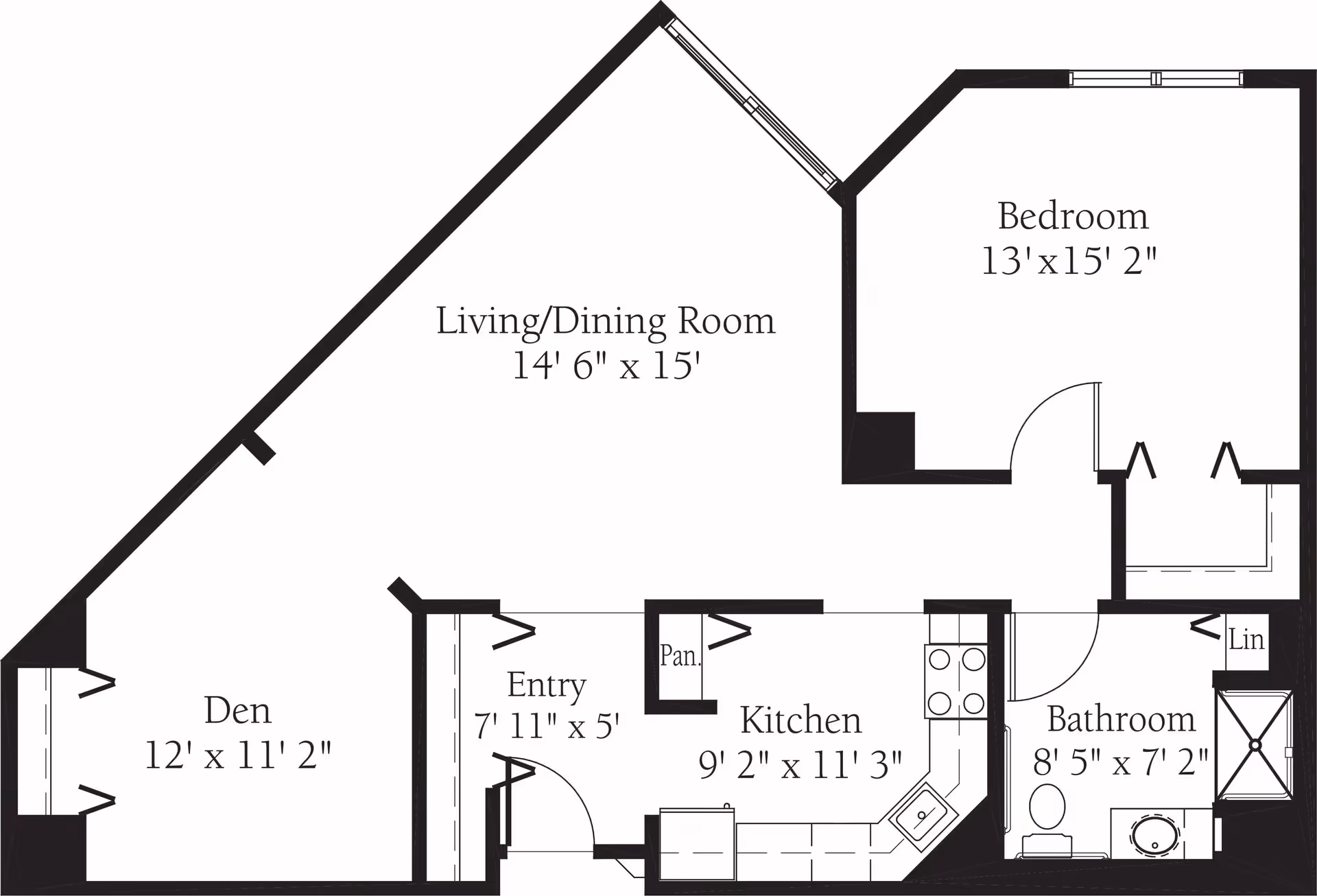 Floor plan of a residential unit at Lake Barrington Woods showing a den, entry, kitchen, living/dining room, bedroom, bathroom, pantry, and linen closet with dimensions for each room.