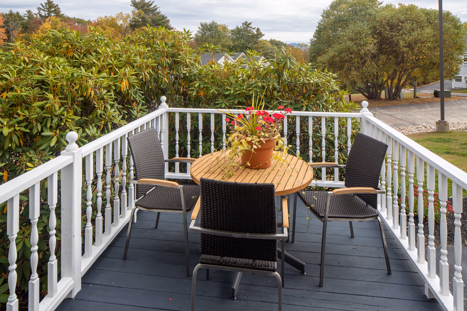 Wooden deck with a round table, a potted flowering plant and four wicker chairs overlooking shrubs and a yard.