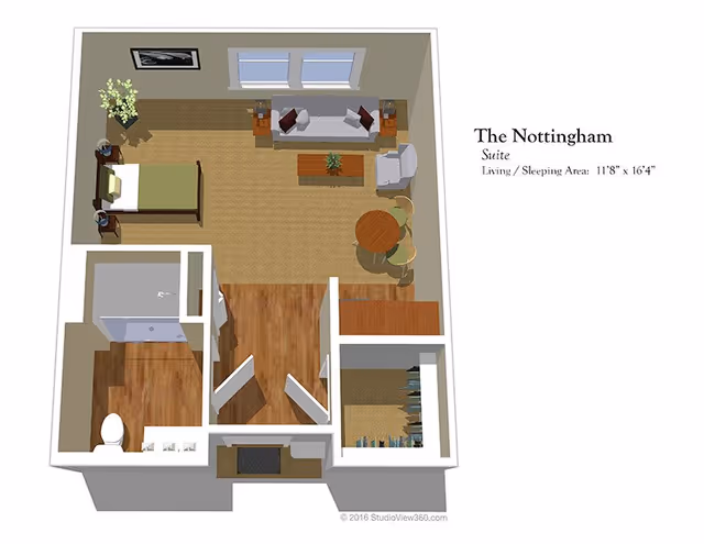 3D floor plan of The Nottingham Suite at Stratford Court of Boca Pointe showing a combined living and sleeping area with a bed, sofa, armchair, coffee table, dining table with chairs, bathroom with shower and toilet, and a closet.