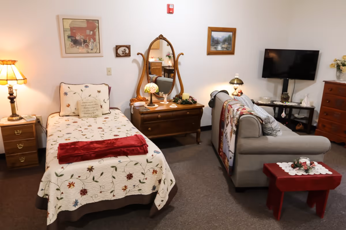 Cozy furnished studio bedroom with a single bed, wooden dressers, a sofa, television, and lamps.