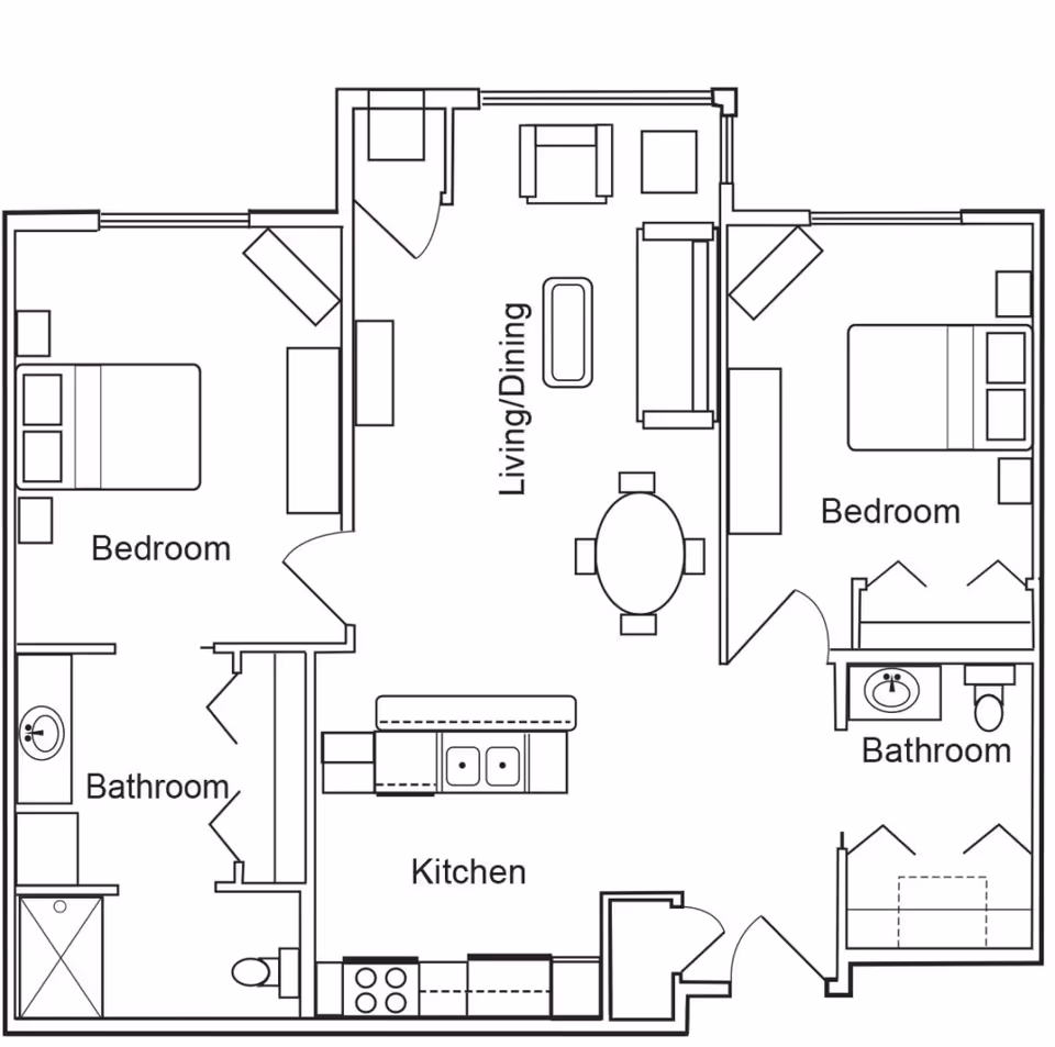 Architectural floor plan of a residential unit at Pine Villa Memory Care showing two bedrooms, two bathrooms, a kitchen, and a combined living and dining area with furniture layout.