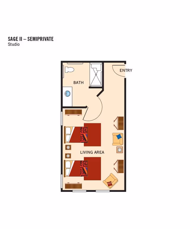 Floor plan of a semiprivate studio showing two beds, a living area with chairs and tables, and a bathroom near the entry.