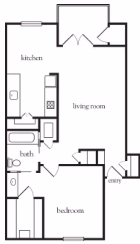 Black-and-white floor plan of a one-bedroom apartment showing a kitchen, living room, bedroom, bathroom, and entry.