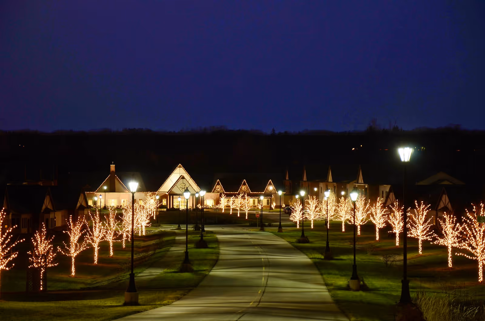 A nighttime view of a winding road lined with trees wrapped in white holiday lights and street lamps leading to a cluster of buildings with peaked roofs also decorated with lights.