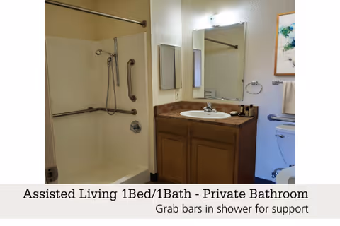 A private bathroom in an assisted living facility featuring a shower with grab bars for support, a sink with a countertop and cabinet below, a mirror above the sink, a toilet, and a towel rack with a towel. There is also a framed picture on the wall.