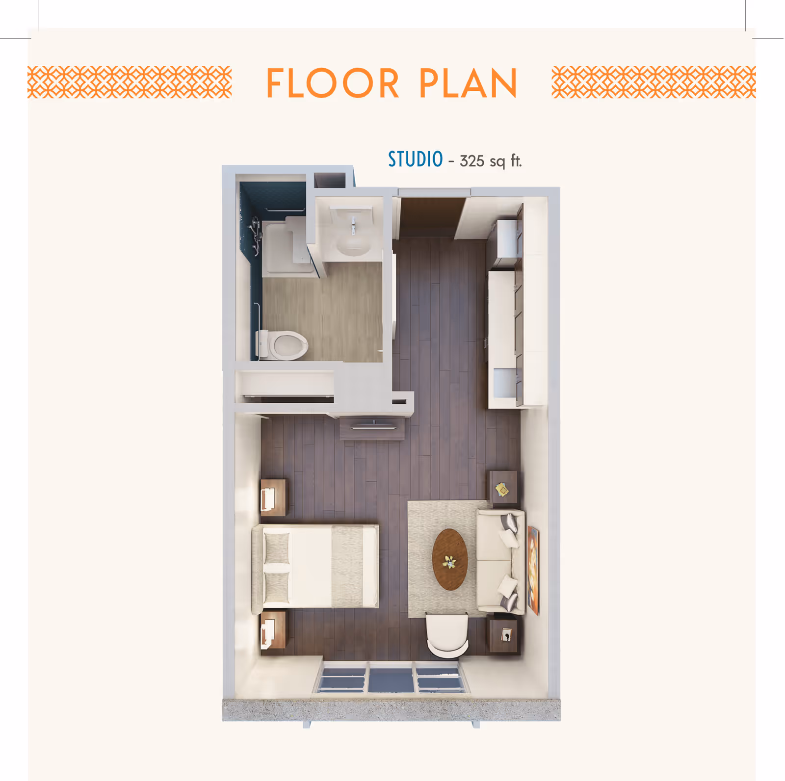 3D floor plan of a studio apartment measuring 325 square feet, showing a combined living and sleeping area with a bed, sofa, chair, coffee table, and two nightstands. The kitchen area has cabinets and a sink, and there is a separate bathroom with a toilet, sink, and shower.