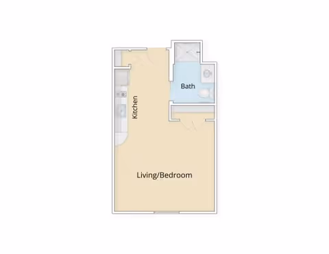 Floor plan of a studio apartment at Laurelwood at The Pinehills showing a combined living and bedroom area, a kitchen, and a bathroom with a shower, toilet, and sink.