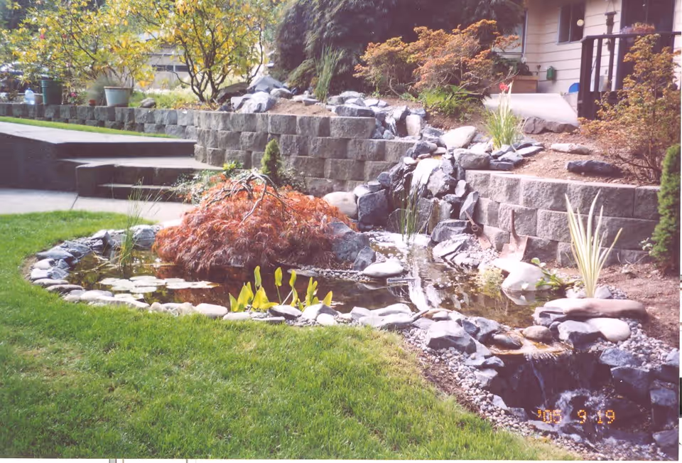 A landscaped outdoor garden area featuring a small pond with rocks and aquatic plants, a cascading waterfall, green grass, and various shrubs and trees. There is a stone retaining wall and a concrete pathway leading to a building entrance in the background.