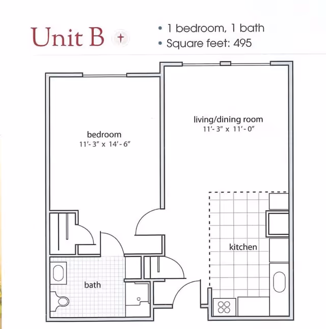 Floor plan of Unit B at Village at the Oaks showing a 1 bedroom, 1 bath apartment with a total area of 495 square feet. The layout includes a bedroom measuring 11 feet 3 inches by 14 feet 6 inches, a living/dining room measuring 11 feet 3 inches by 11 feet, a kitchen area, and a bathroom.