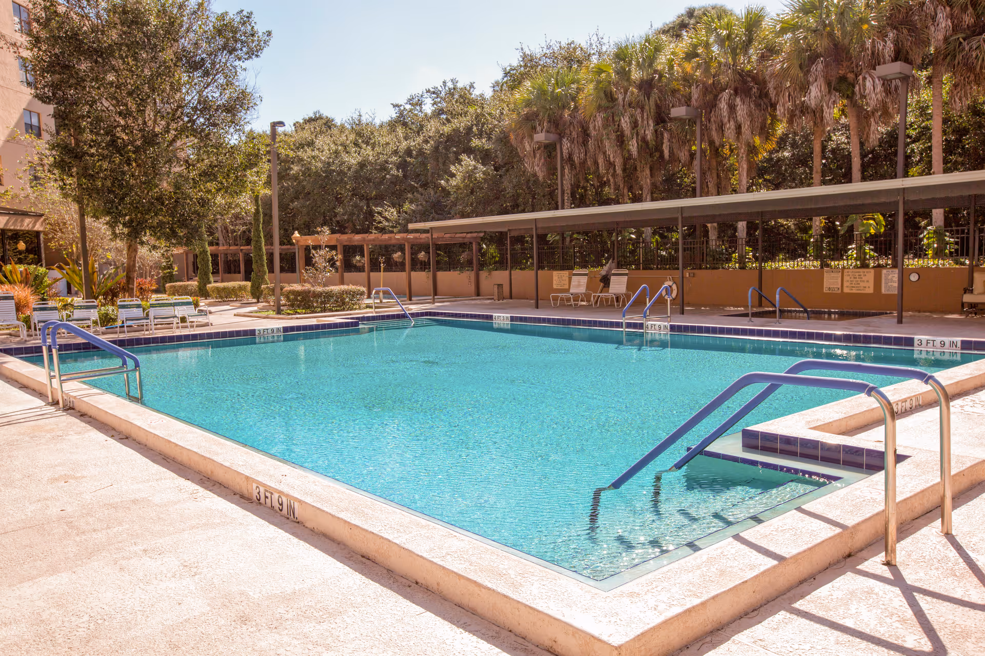 Outdoor swimming pool with handrails, lounge chairs, and a shaded seating area surrounded by trees and palm trees.