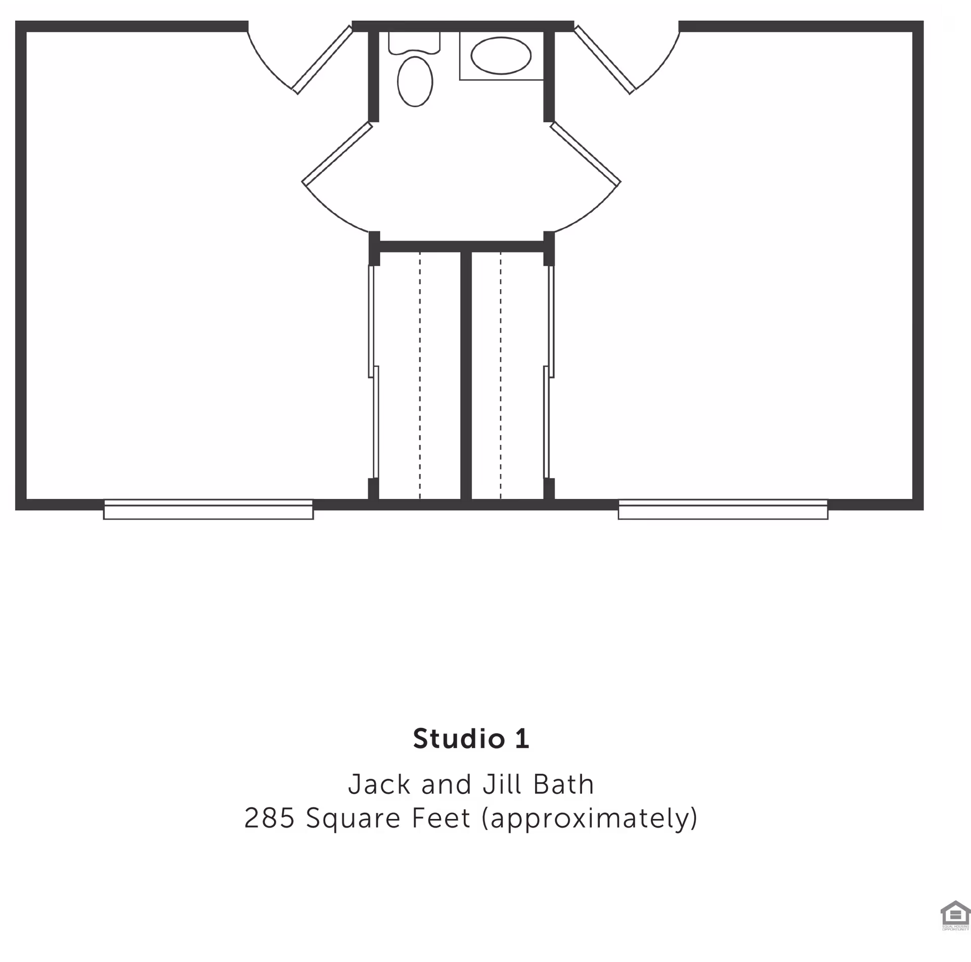 Black-and-white floor plan labeled 'Studio 1' showing two main rooms, central closets, and a Jack-and-Jill bathroom.